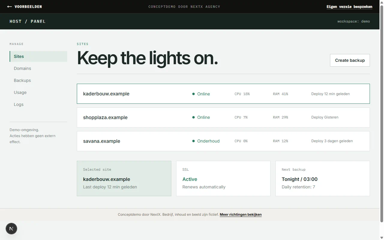 Hostingpaneel conceptdemo preview