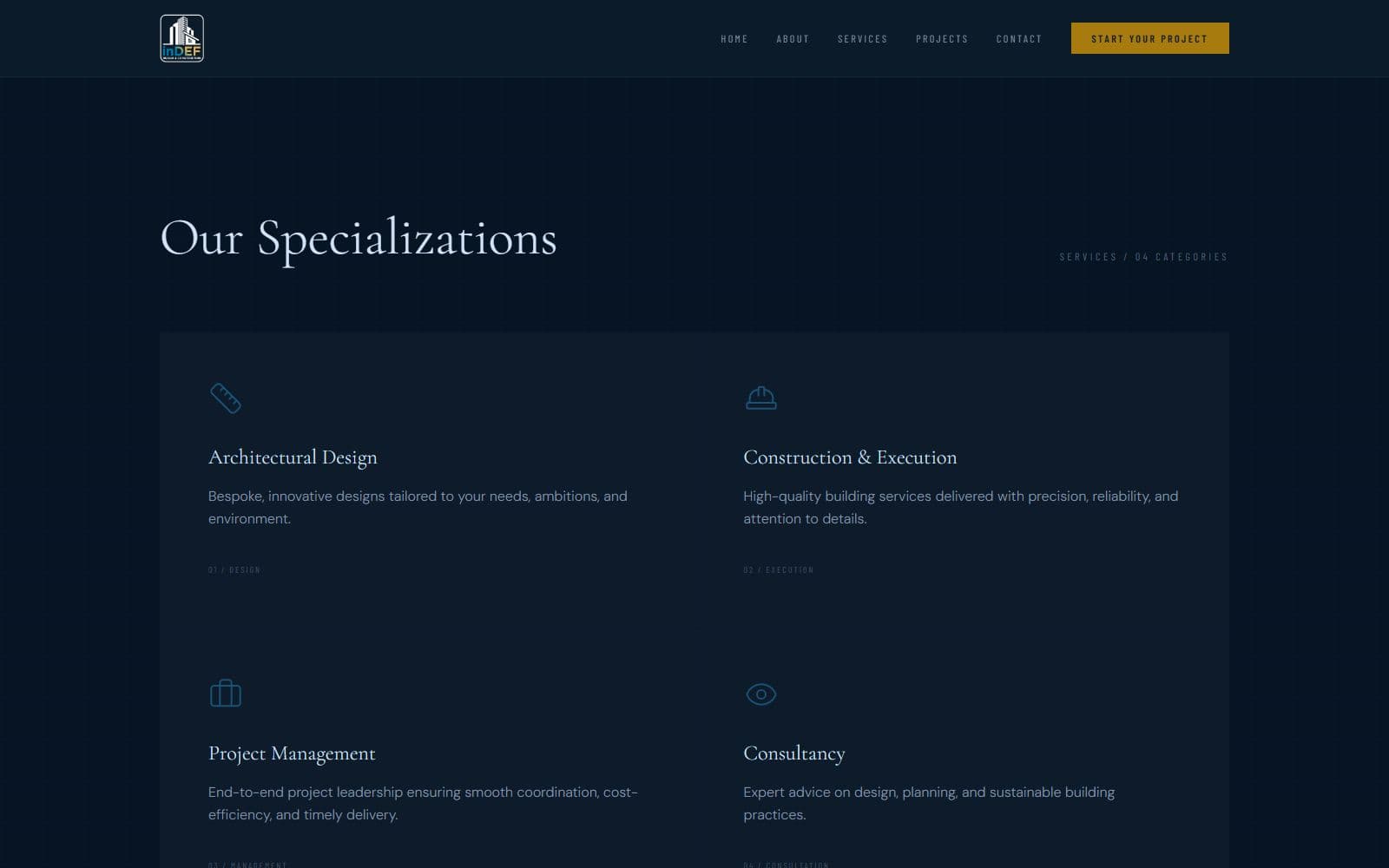 Overzicht van de vier specialisaties van Indef Design