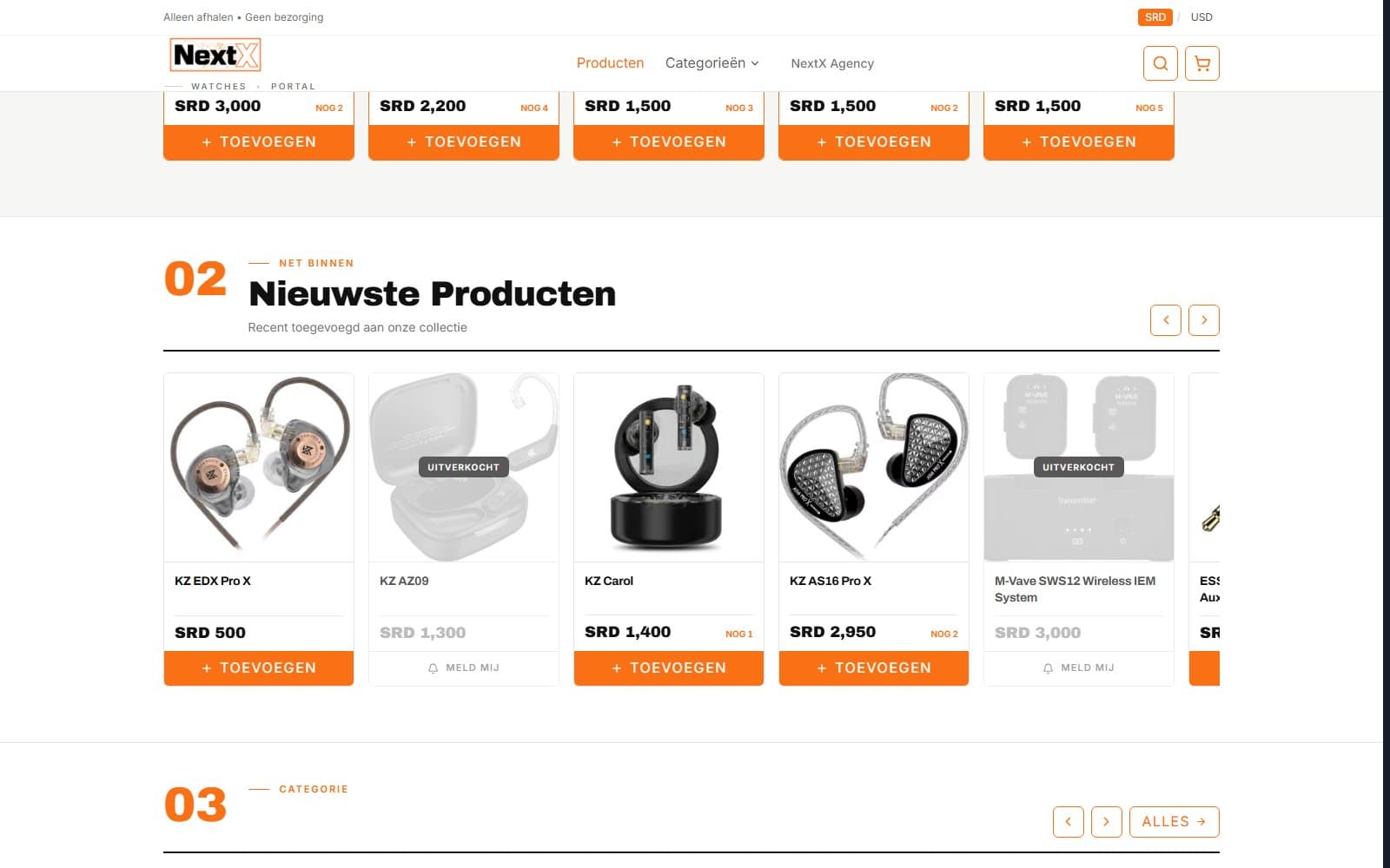 Productoverzicht met prijzen in SRD en voorraadlabels