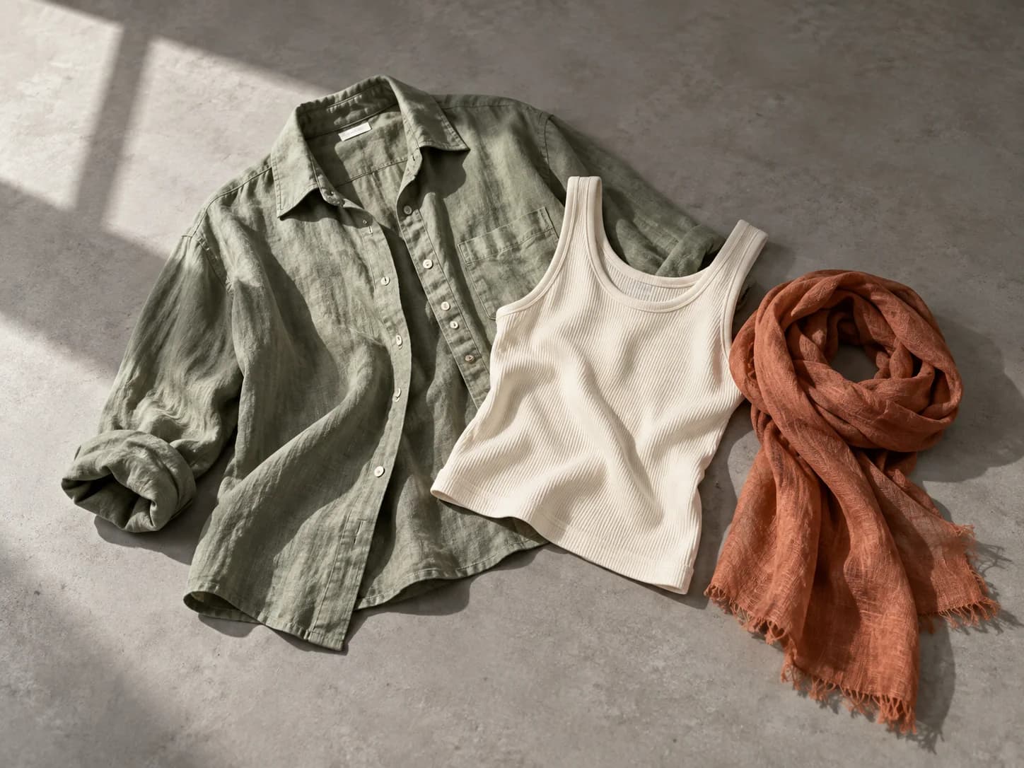 Linnen overshirt, rib top en terracotta sjaal uit de Bloom collectie