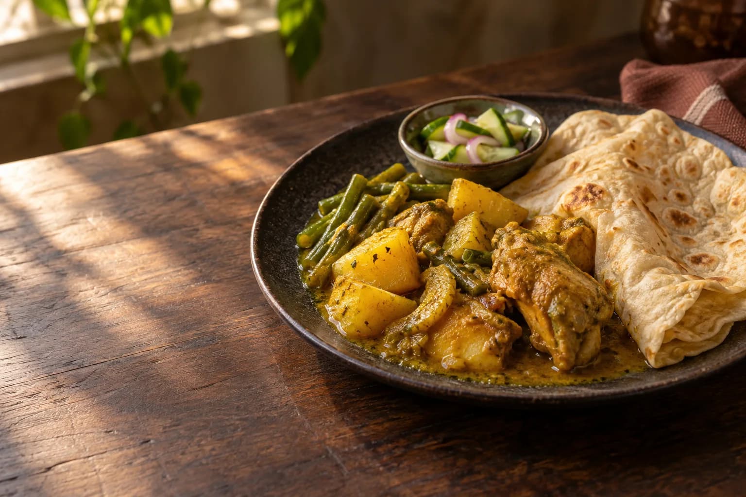 Roti met kip, aardappel, kousenband en ingelegde komkommer